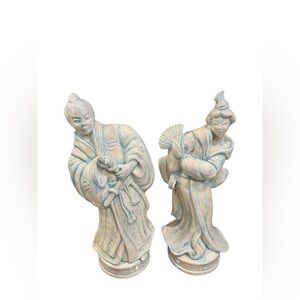 Elegant Two Cream & Blue Ceramic Figurines